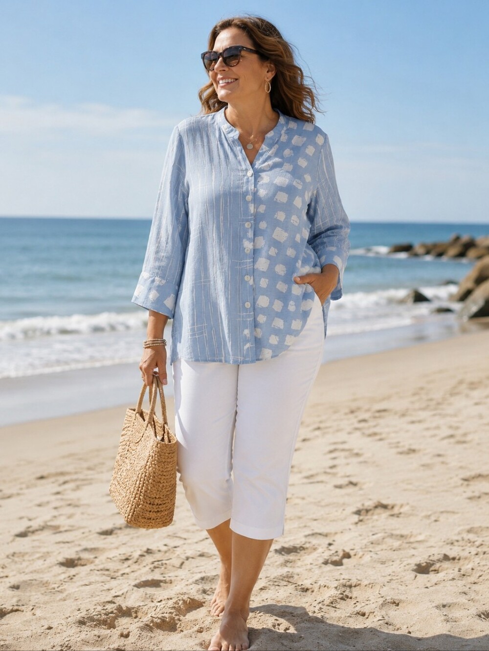 Ali Miles Womens Blue‎ White Print Button Front Top Blouse Large Beachy New